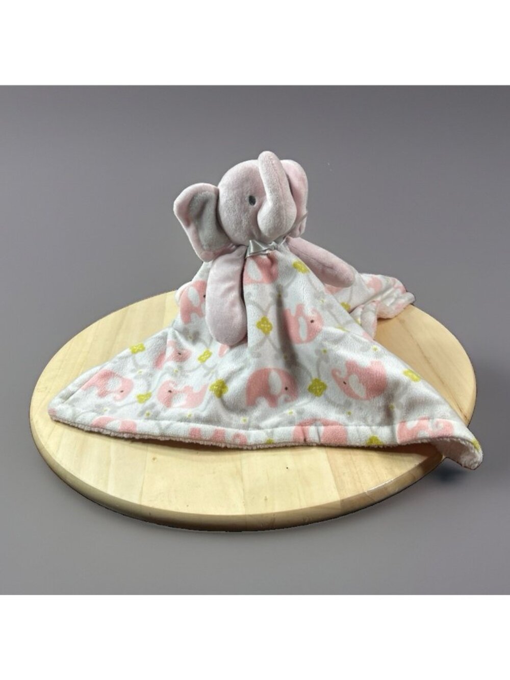 Blankets & Beyond pink, white, green & Gray Elephant baby security blanket 14”